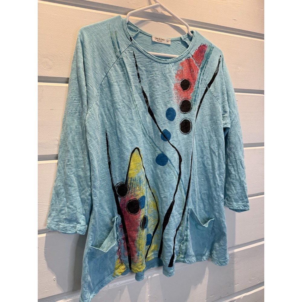 Jess & Jane Wearable Art Tunic Top Sz M Blue Cotton Pockets Lagenlook Boho - Picture 3 of 10
